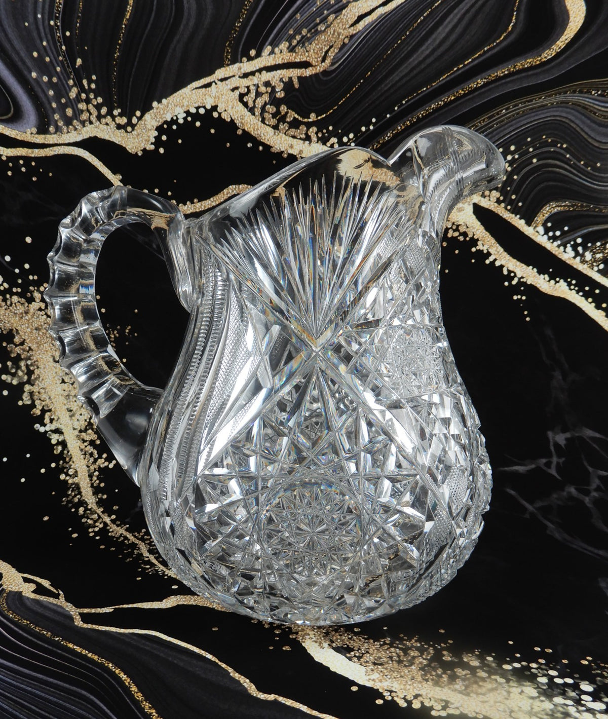 American Brilliant Period  ABP Heavy Crystal Cut Glass Hobstar Water Pitcher