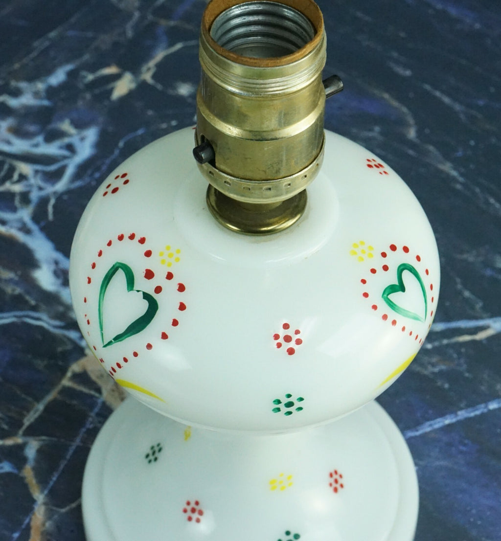 Vintage Glass Table Lamp with Hand Painted Hearts Design Milk Glass
