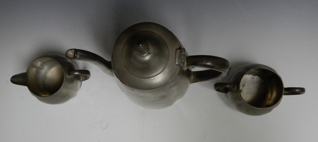 Vintage Crescent Pewter Metal Coffee Pot, Creamer, and Sugar Bowl New York 1930s