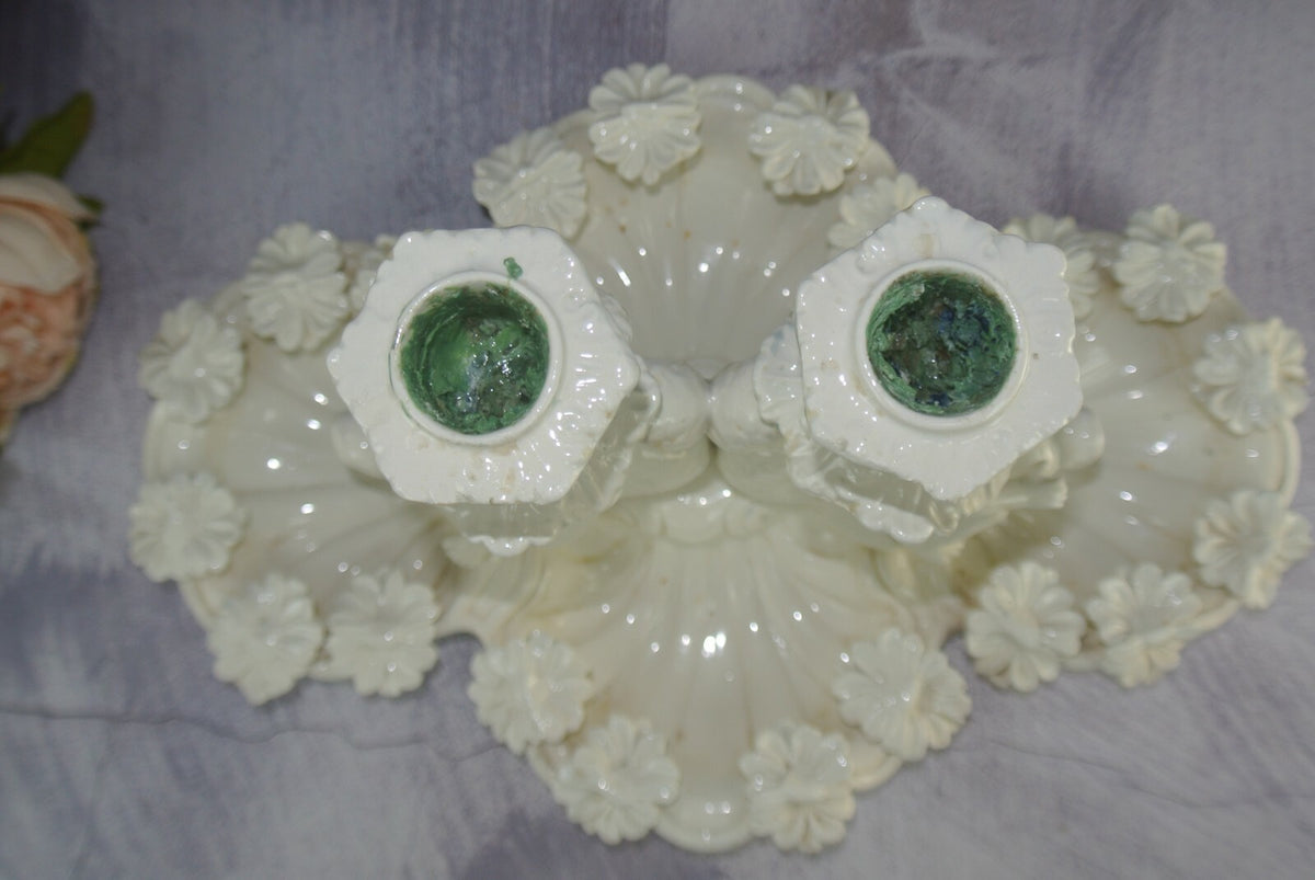 Ceramic Double Candlebra Clamshell Base Baby Cherub Babies Sitting on Dolphins