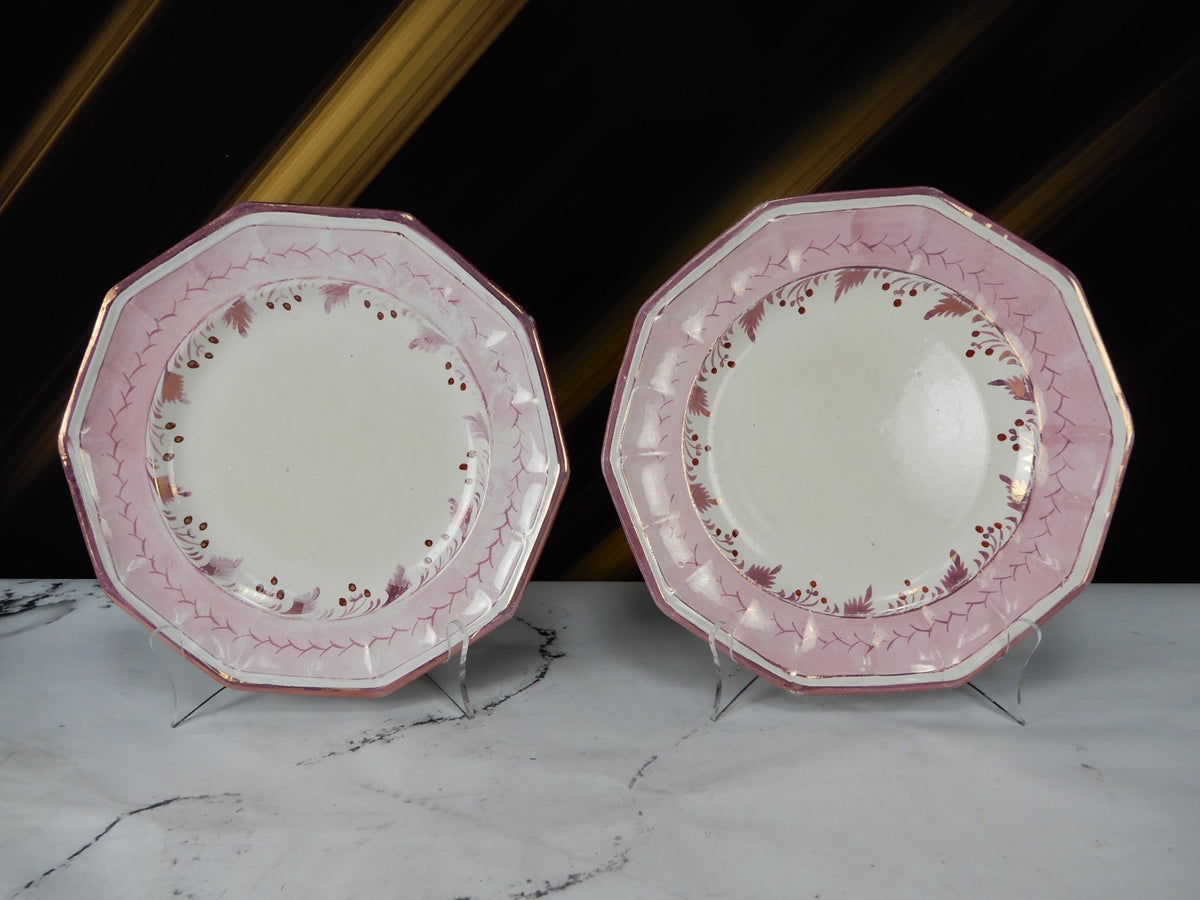 Antique Staffordshire Pink Glazes Sprig Decorations Luster Pearlware Plates