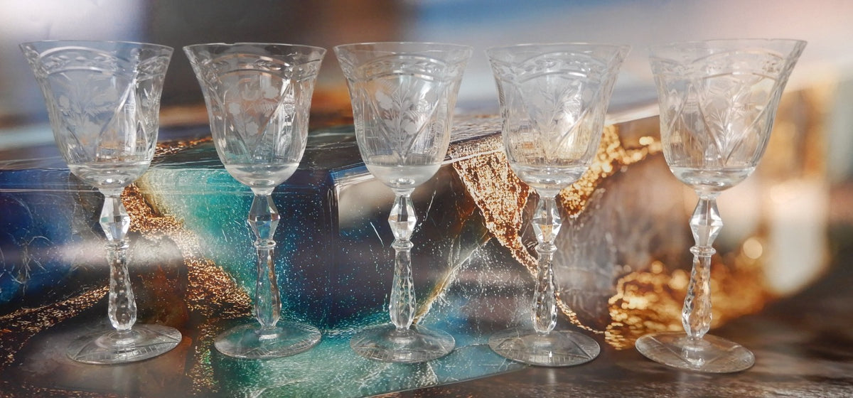Set Of 5 Rock Sharpe Crystal 'LIDO' Water Goblet 9oz Water/Wine Glasses W/ CHIPS