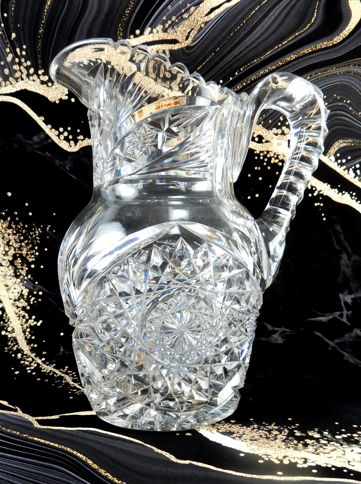 American Brilliant Period ABP Heavy Crystal Cut Glass Hobstar,Fan Notched Handle