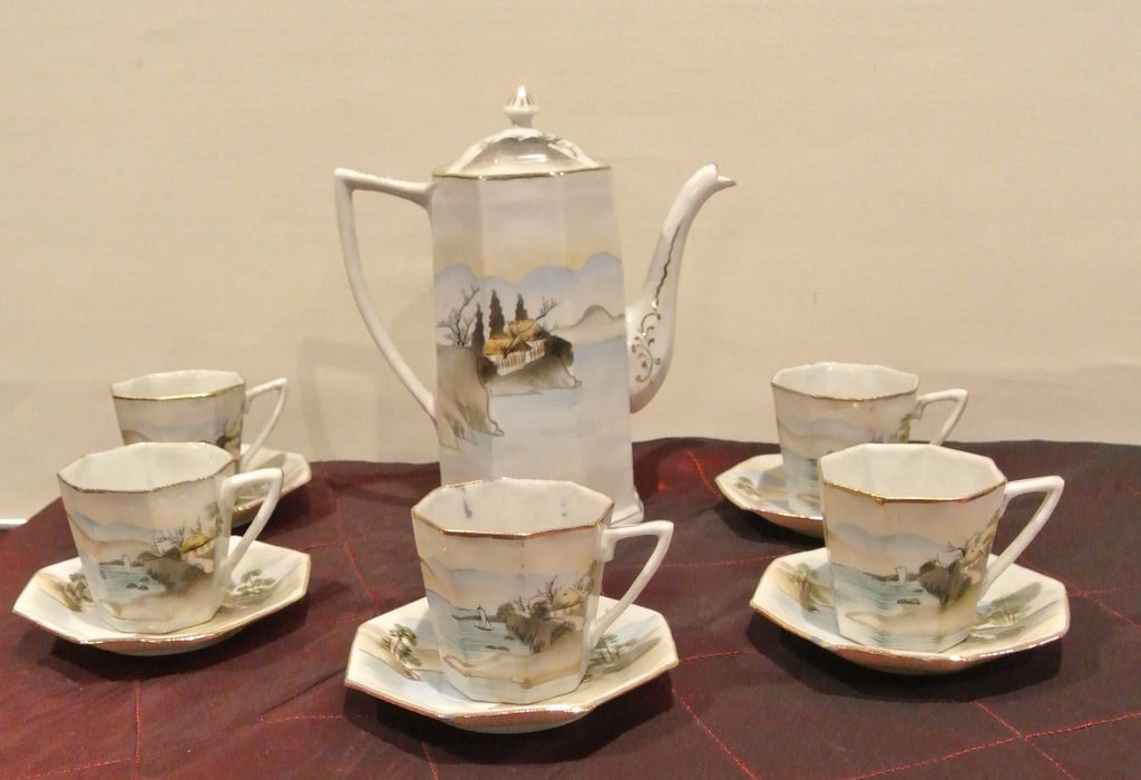 Vintage TE-OH China Tea/Coffee Pot w/ 5 Cups and Saucers Hand Painted Oriental