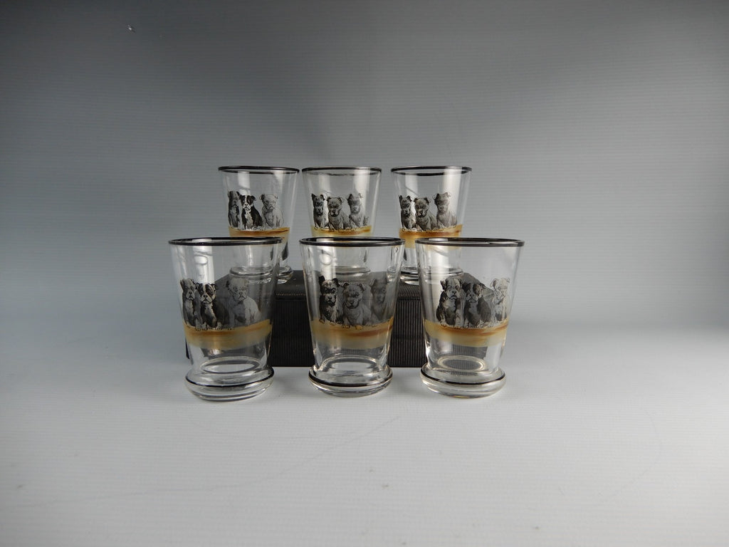 Vintage set of Six 3 oz Shot Glasses with Puppy Dogs