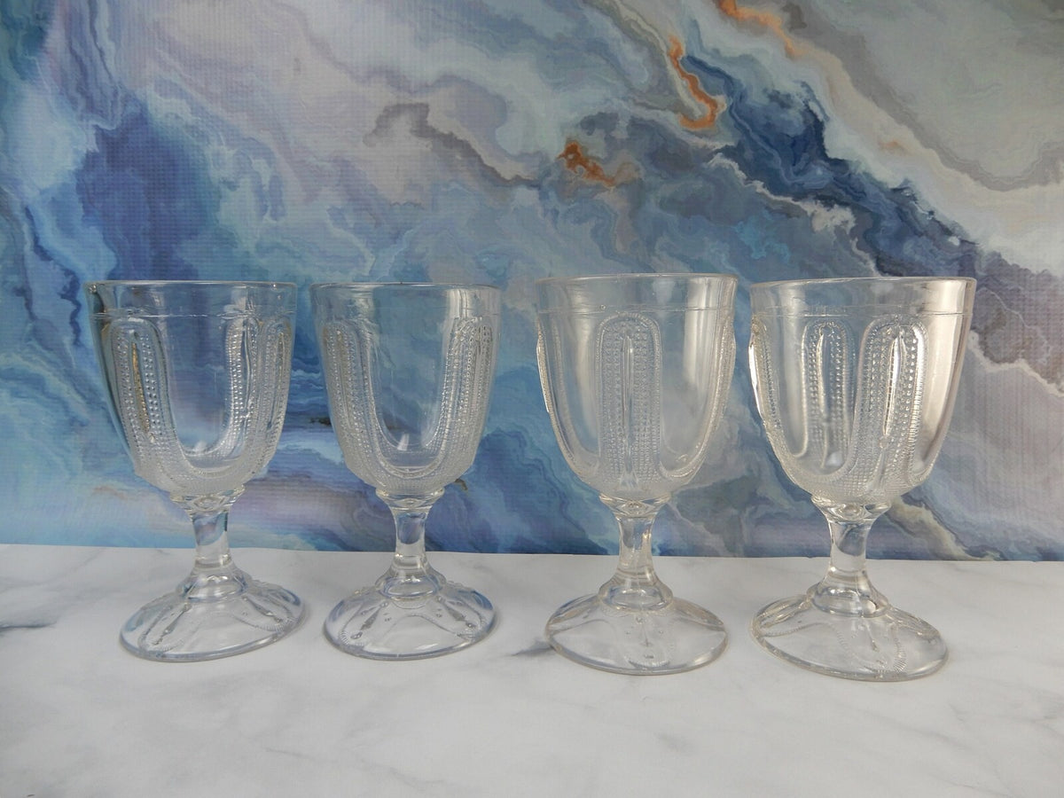 4 Curtain Tie Back Water Goblet Tumblers Early American Pattern Glass Adams & Co