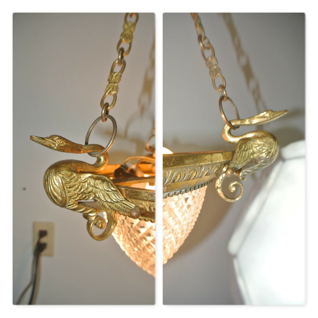 Vintage French Brass Ceiling Fixture Chandelier with Cut Glass Crystal Body