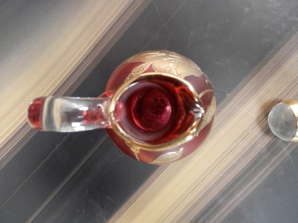 Vintage Bohemian Ruby  Red Glass Gold incustred Poppy Flowers Cruet with Stopper