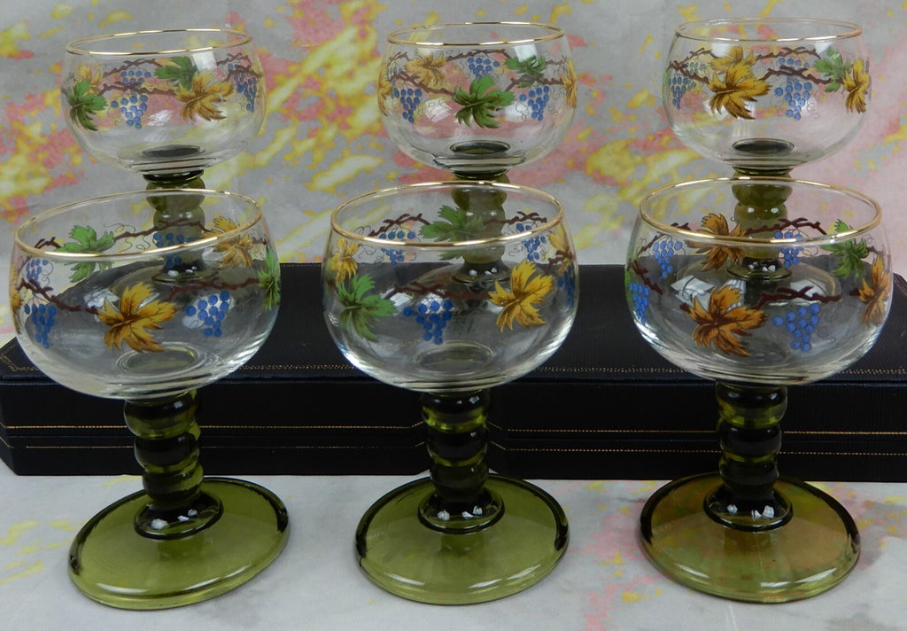 Vintage Set Of 6 Roemer Bubble Green Stem Glasses With Leaf Vine Wine Design