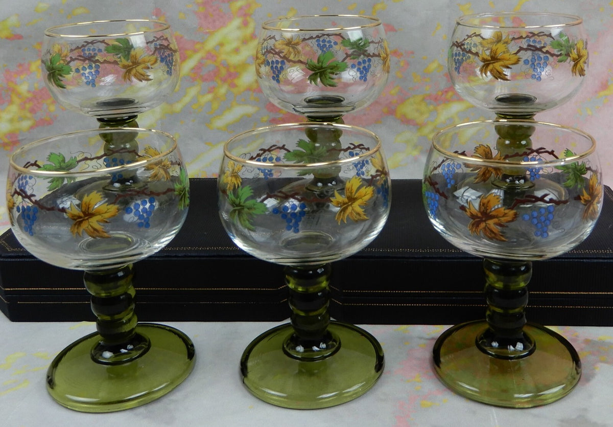 Vintage Set Of 6 Roemer Bubble Green Stem Glasses With Leaf Vine Wine Design