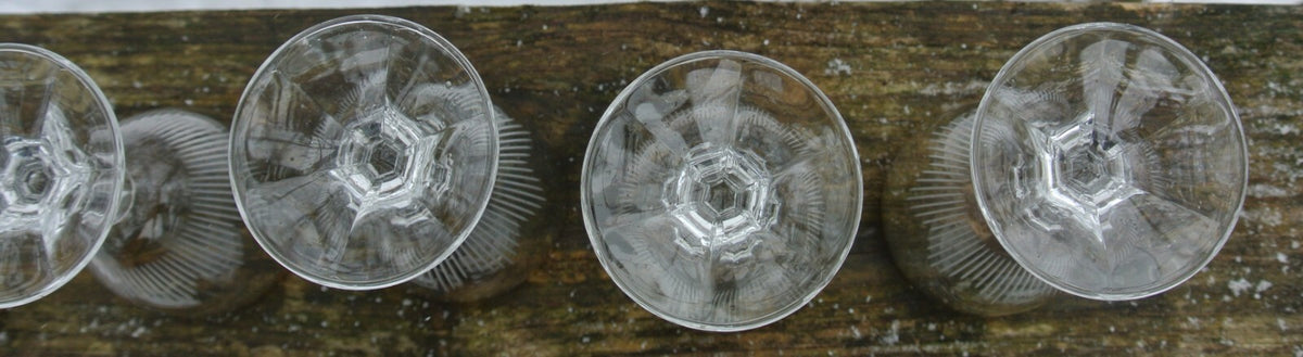 Set of 5 Elegant Cordial Clear Etched with Gold Rim Glasses
