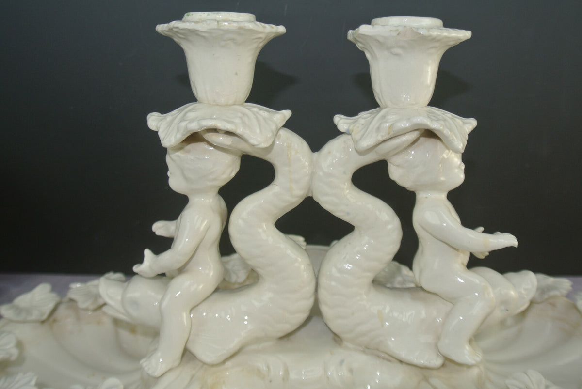 Ceramic Double Candlebra Clamshell Base Baby Cherub Babies Sitting on Dolphins