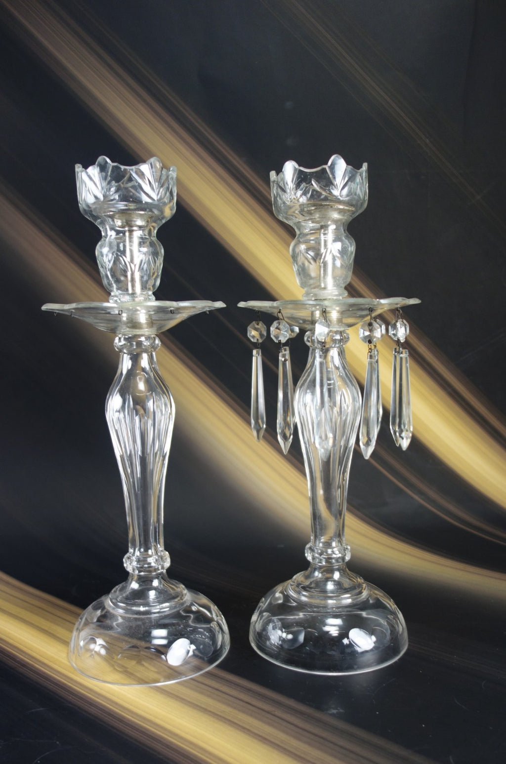 2 Glass Table Lamps /Candle Holders One W/ Hanging Crystals For parts or Repair