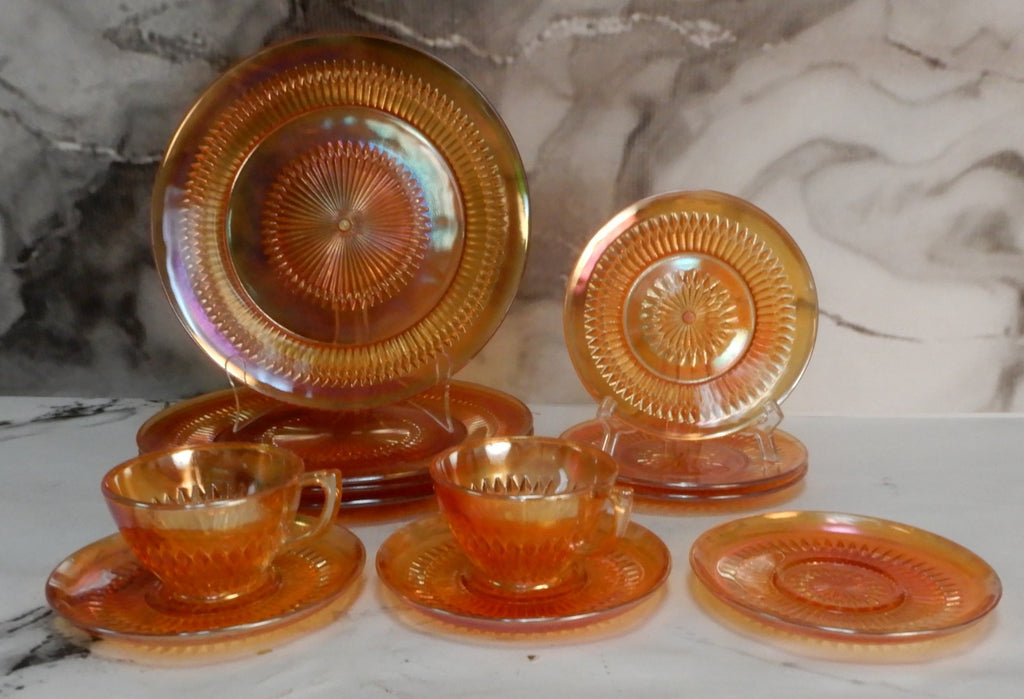 Vintage 12 Pc. Sunburst Iridescent Marigold Jeanette Glass Anniversary Pattern