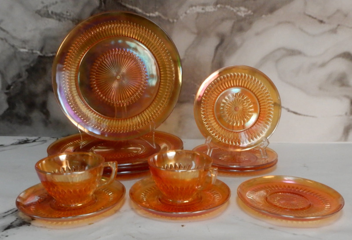 Vintage 12 Pc. Sunburst Iridescent Marigold Jeanette Glass Anniversary Pattern