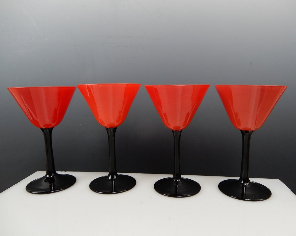 Set of 4 Czechoslovakian Tango Red with Black Stem 4 oz Cordial Glasses
