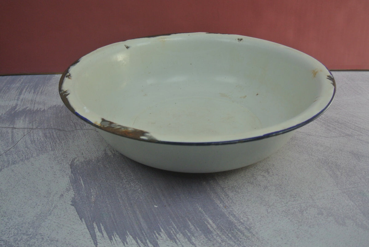 Pair Of Vintage Vintage White Black and Red Trimmed Enamelware As Is