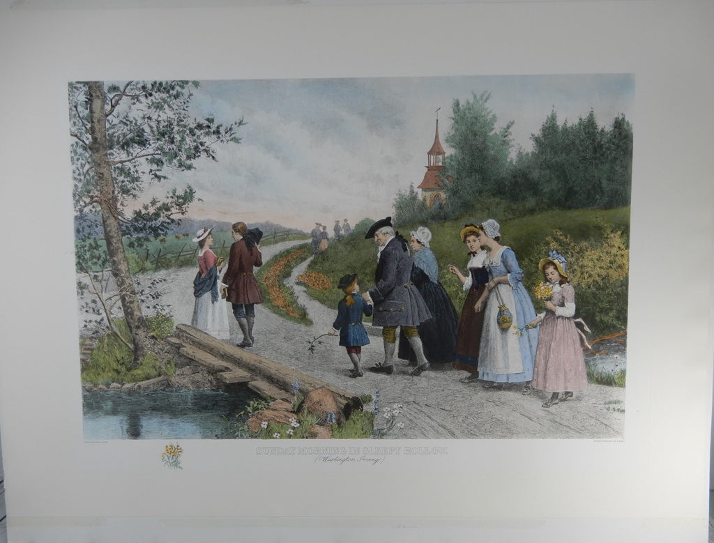 Sunday Morning in Sleepy Hollow Hand-Colored Lithograph,Sheet Unframed 39" X 28"