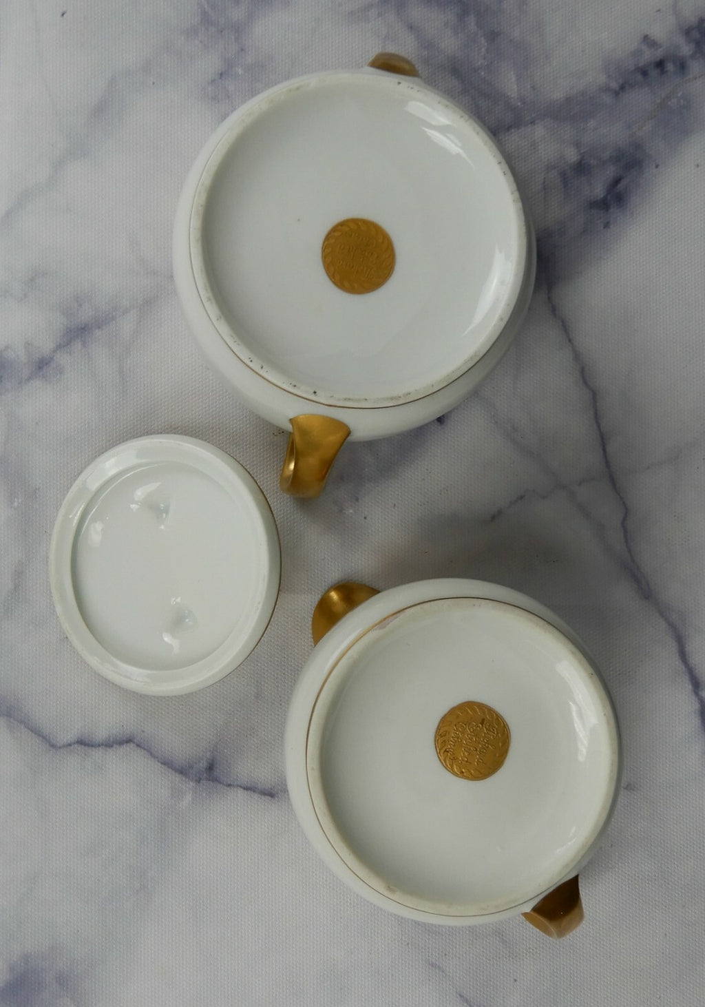 Vintage Pickard White and Gold Rims Porcelain Cream And Sugar Bowl