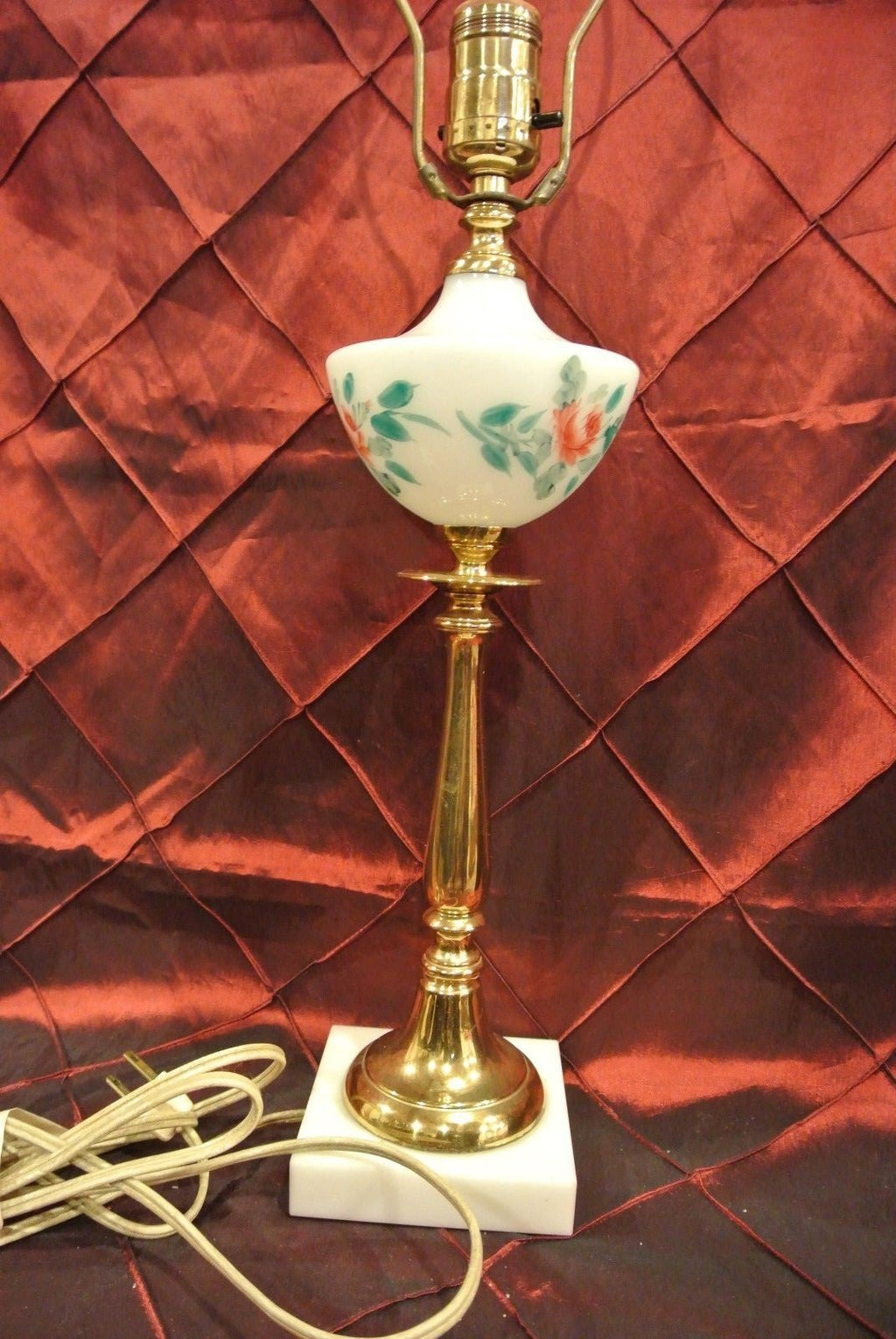 Vintage Brass White Milk Glass Hand Painted Lamp Marble Base