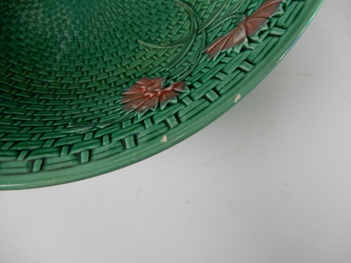 Antique Majolica Plate G S Zell Baden 7494 Basketweave  9-1/2" Bowl Ca. 1907