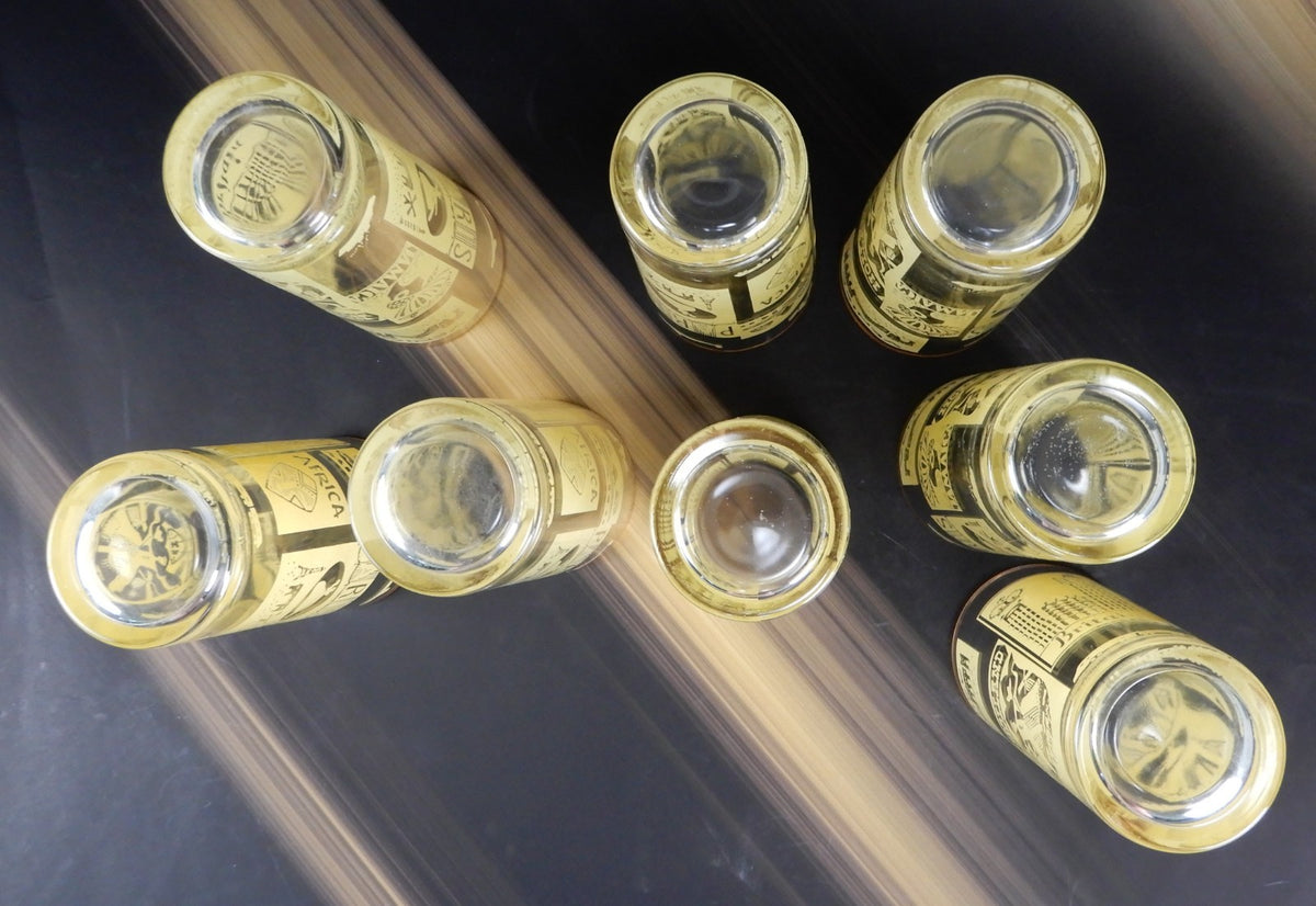 8 Piece Vintage High Ball Yellow Glass Travel Tumblers World Destination 16 oz