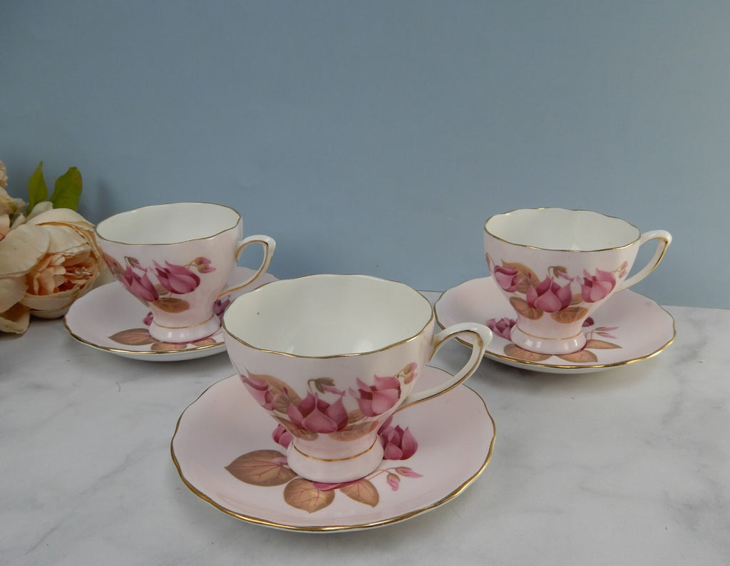 Set of 3 Colclough Bone China Pink Color Water Lily Teacups & Saucers