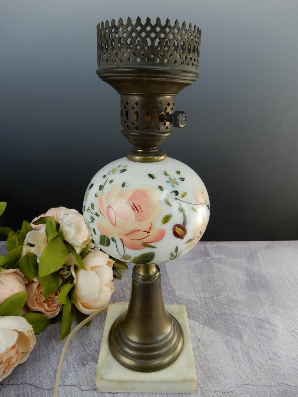 Vintage Marble Base Table Lamp Milk Glass Hand Painted Flower