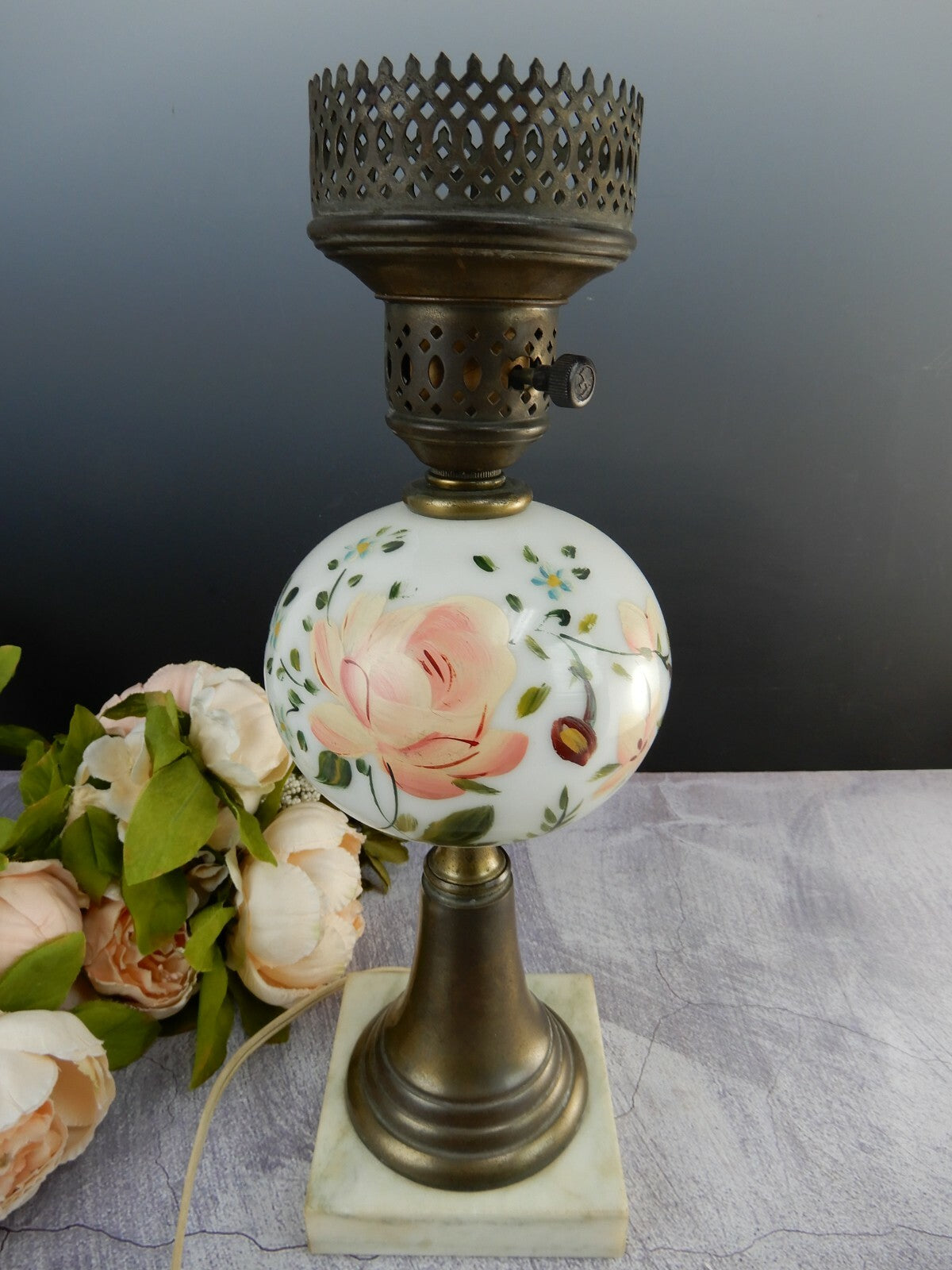 Vintage Marble Base Table Lamp Milk Glass Hand Painted Flower