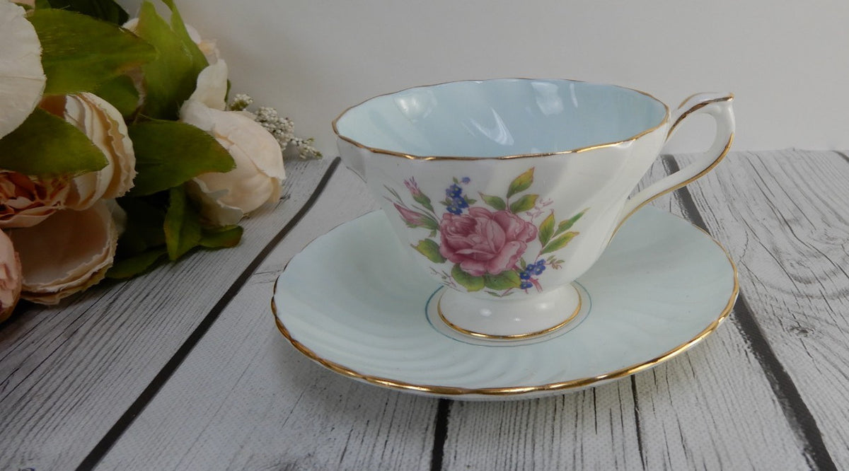 Vintage Aynsley Fine Bone China England w/ Rose Baby Blue Tea Cup & Saucer