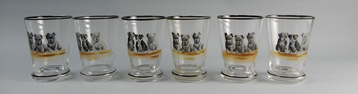 Vintage set of Six 3 oz Shot Glasses with Puppy Dogs