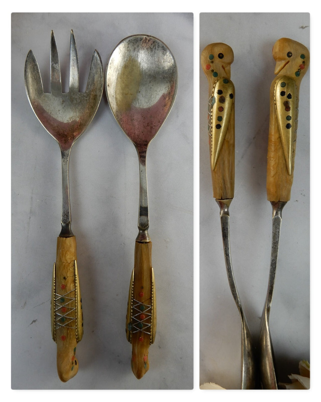 Vintage  Phoenix Bird Carved Handle Salad Servers Said And Alfred Haddad Jezzine