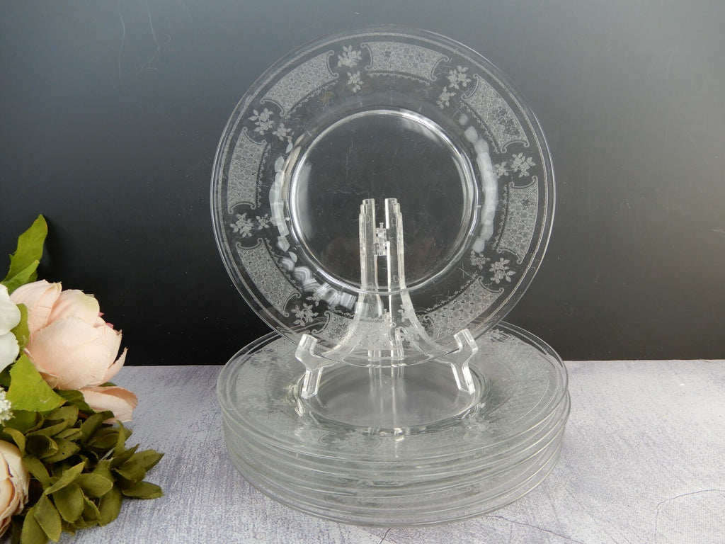 Vintage Clear Glass Floral Themed Luncheon Plates Set Of Six