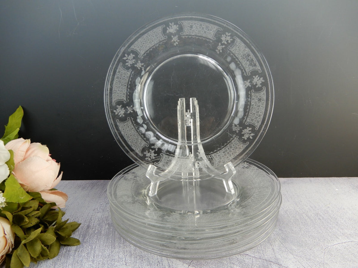 Vintage Clear Glass Floral Themed Luncheon Plates Set Of Six