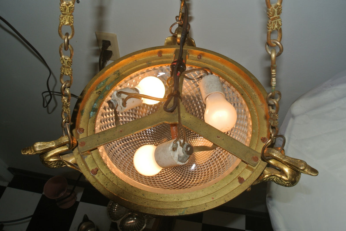 Vintage French Brass Ceiling Fixture Chandelier with Cut Glass Crystal Body