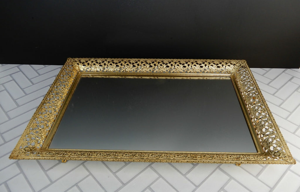 Vintage Mirrored Vanity Tray Filigree Brass Edge 16-1/2"