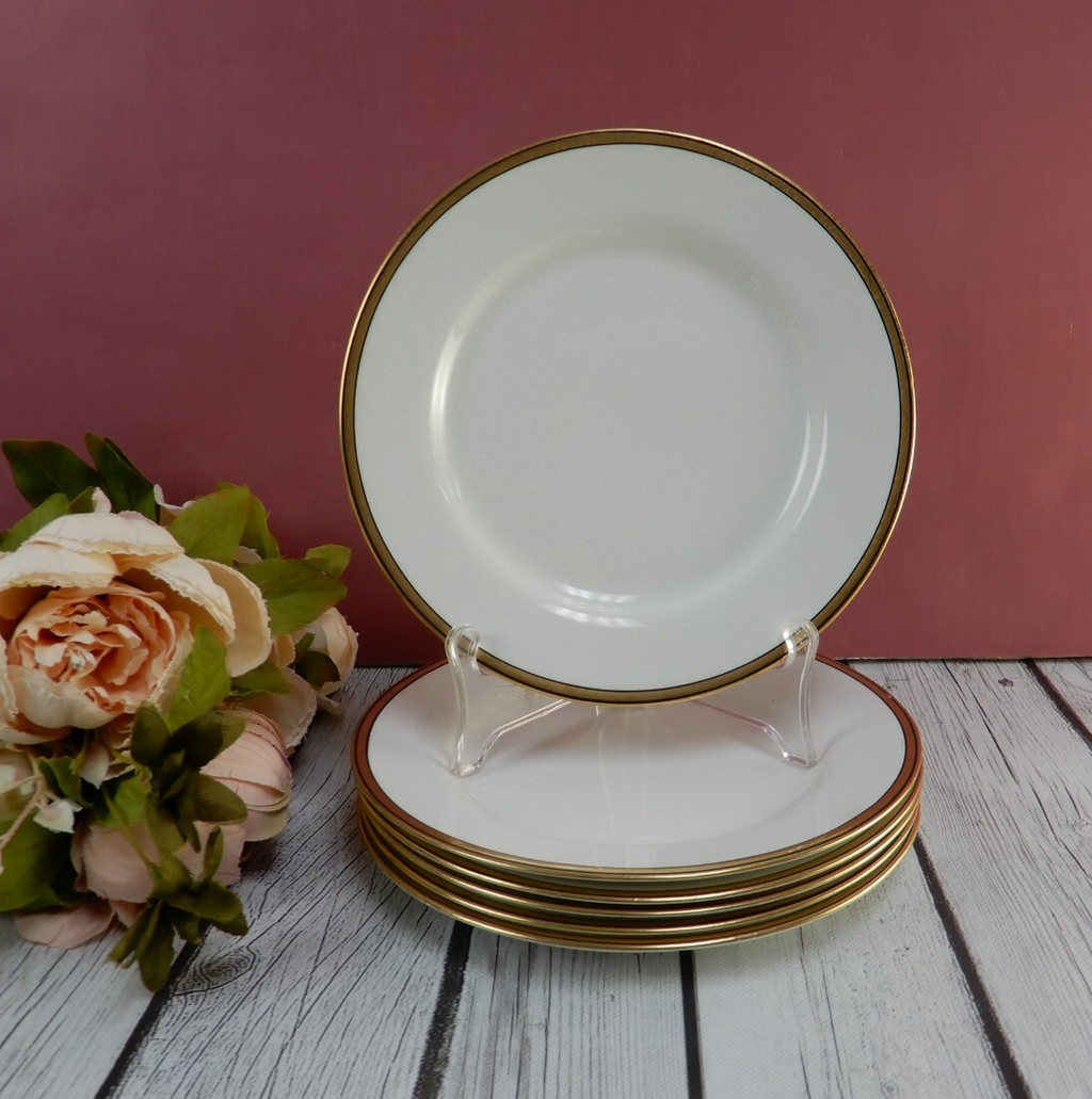 Lot of 6 Johnson Brothers England White Gold  and Black Rims 8" Salad Plates