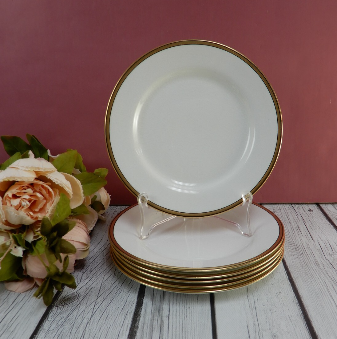 Lot of 6 Johnson Brothers England White Gold  and Black Rims 8" Salad Plates