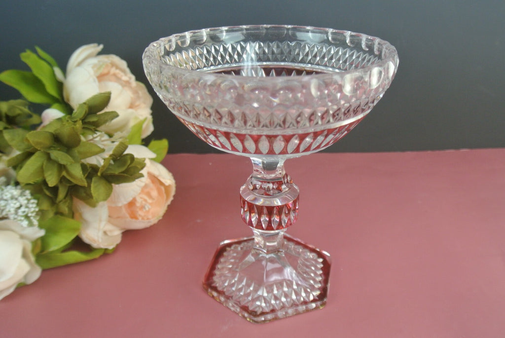 Vintage Diamond Crystal Compote W/ Painted Red Accents