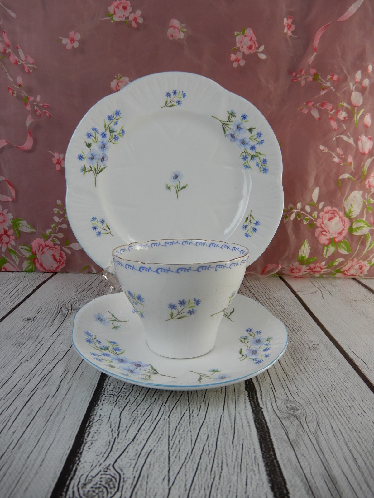 Shelley Blue Rock Trio Cup, Saucer and Dessert Plate Cambridge Shape English