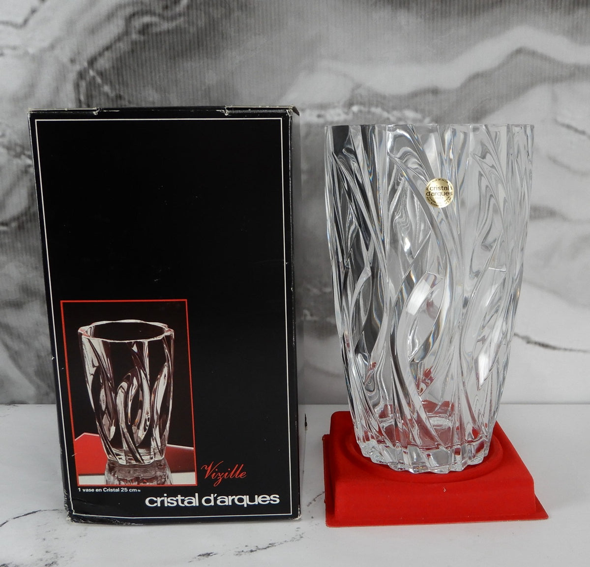 Cristal D'Arques Durand Vizille Leaded Crystal Vase 10" Tall Clear Angle Swirl