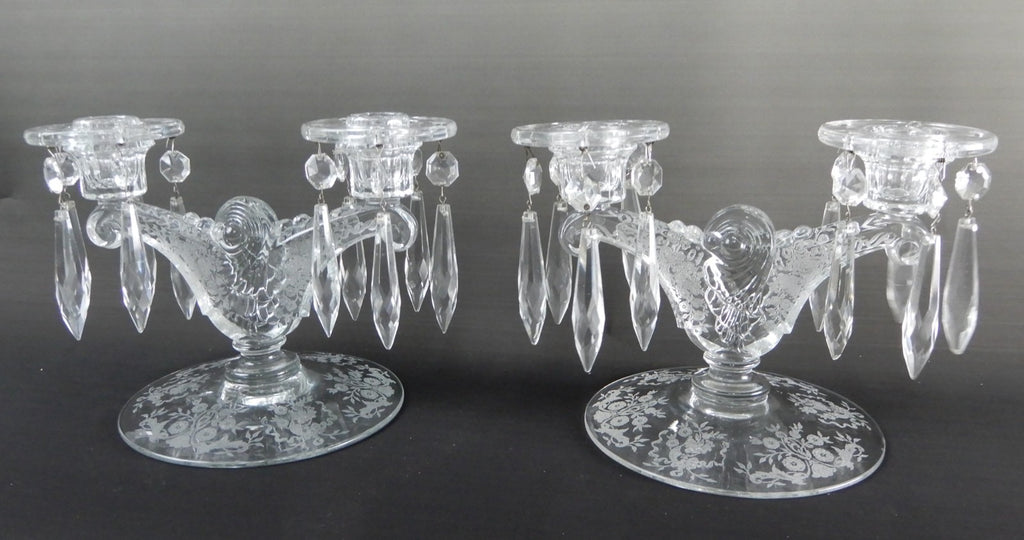 2 Pc. Double Light Candlestick Light Candelabras Fern Pat. Etched Base &Bobeches