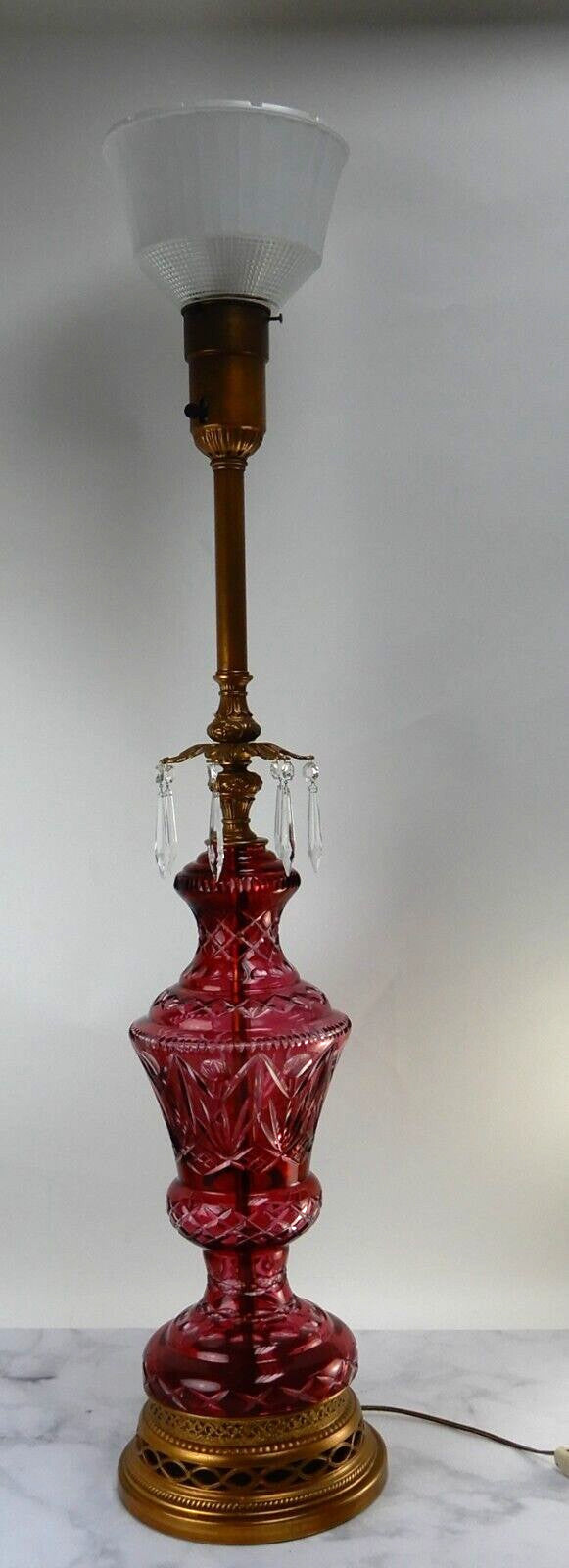 Vtge Western Germany Ruby Red Hand Cut Lead Crystal 3 Way Table Lamp 44-1/2" H