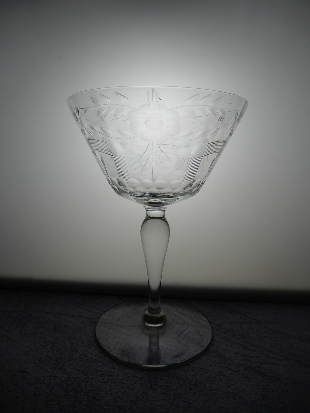 Set of 5 Flower Ornate Etched Old Crystal Champagne/ Sherbet 6oz Glasses