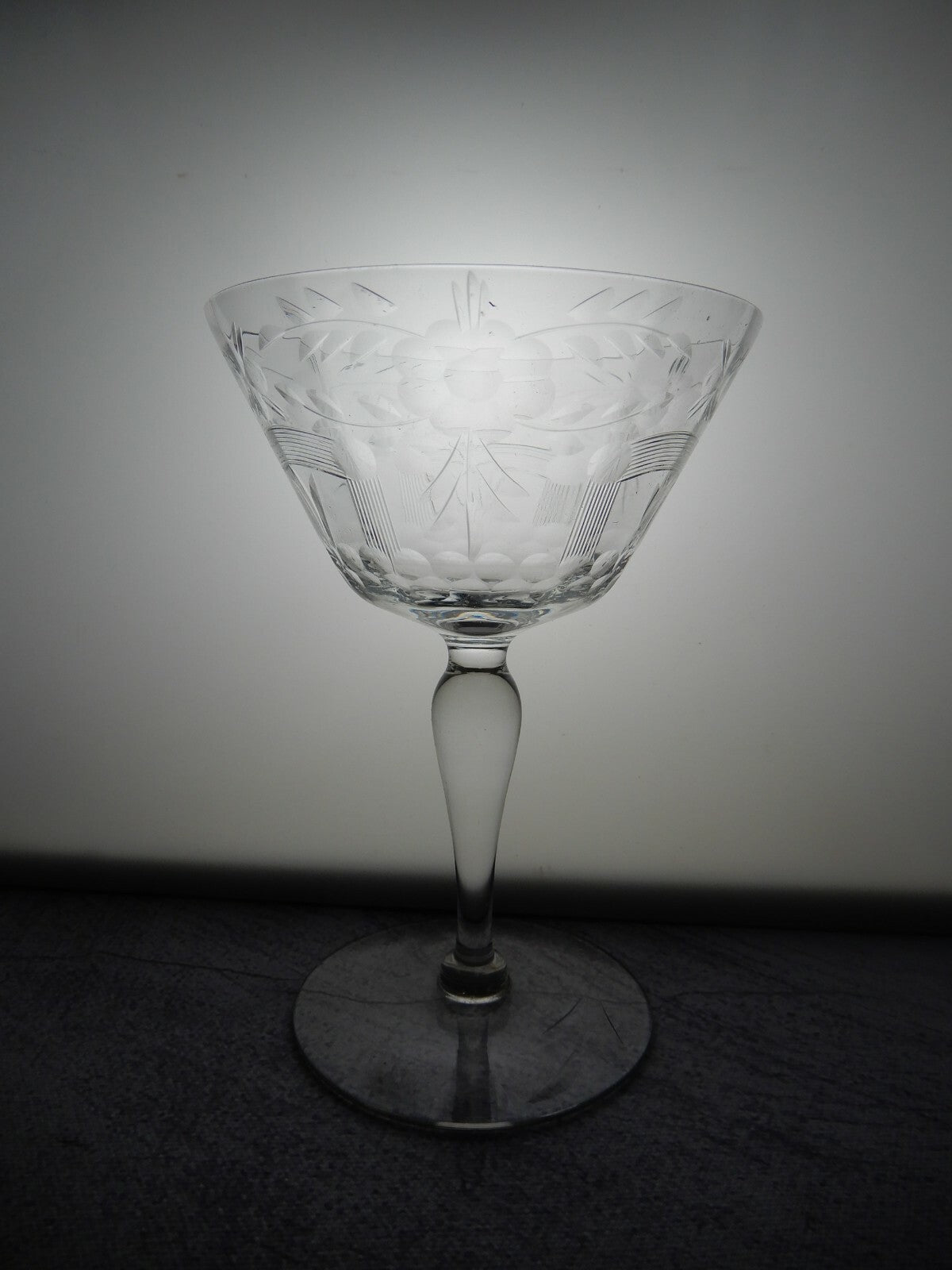 Set of 5 Flower Ornate Etched Old Crystal Champagne/ Sherbet 6oz Glasses