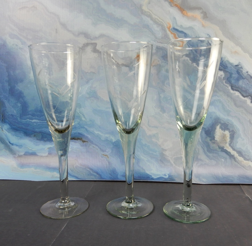 Set of 3 Hand Blown and Etched Glass - Champagne Flute Glasses