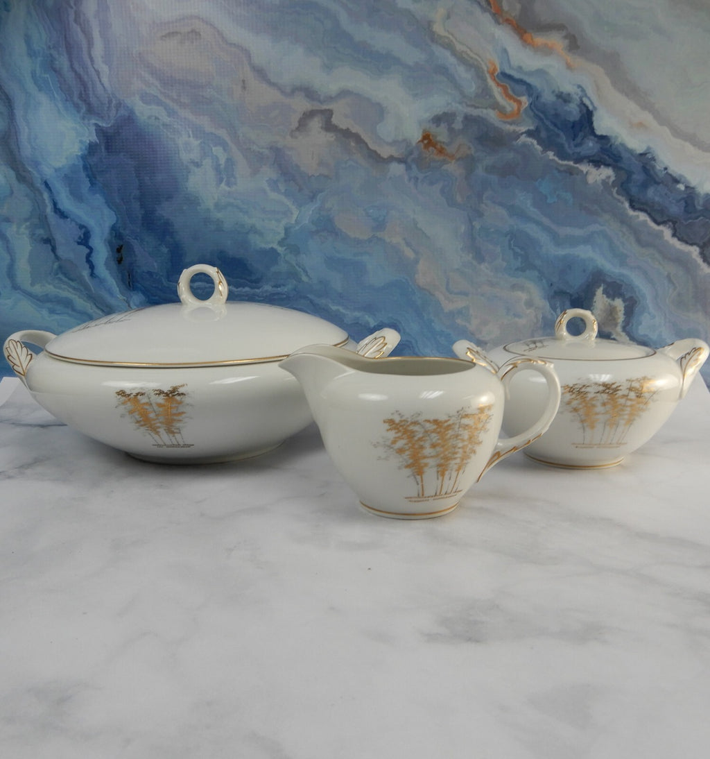 FUKAGAWA Arita Japan ~Gold Bamboo Lidded Round Serving Bowl Creamer & Sugar Bowl