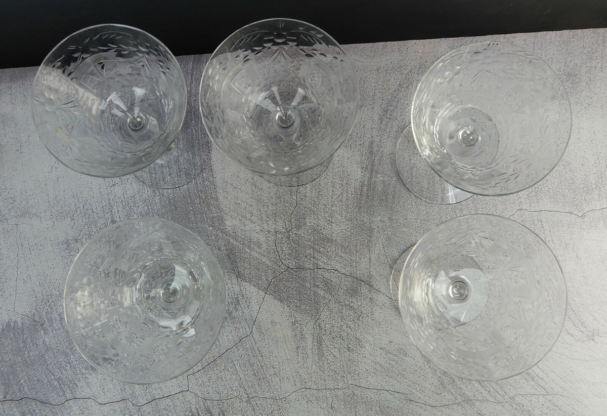 Set of 5 Flower Ornate Etched Old Crystal Champagne/ Sherbet 6oz Glasses