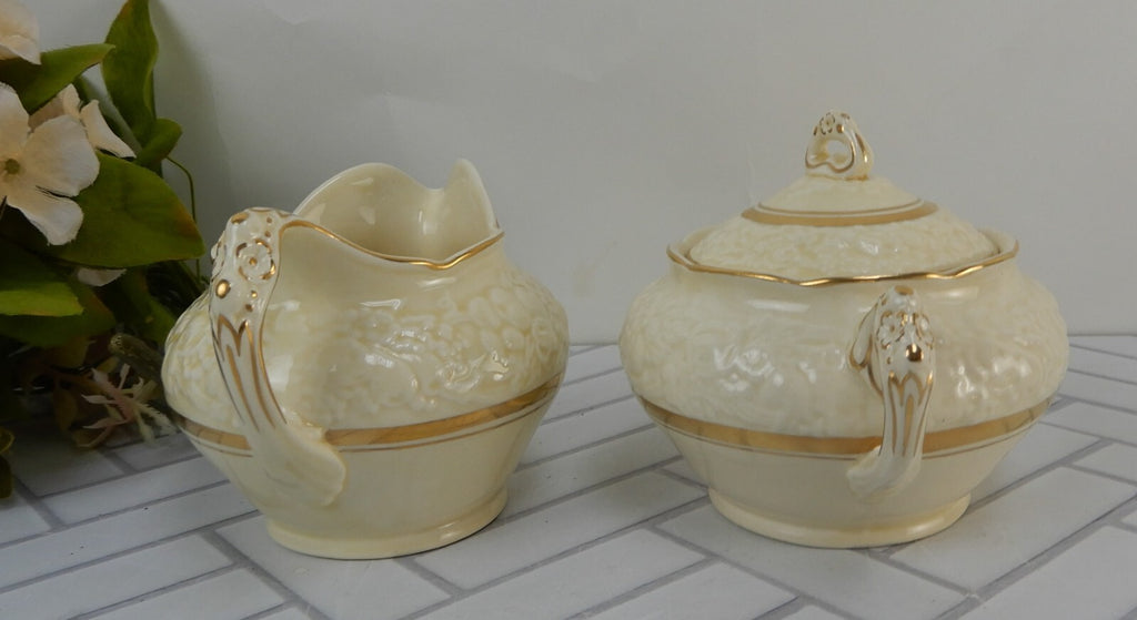 Vintage Crown Ducal Gold Gild Band Florentine Sand Cream Sugar Bowl and Creamer