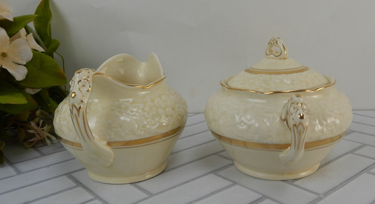 Vintage Crown Ducal Gold Gild Band Florentine Sand Cream Sugar Bowl and Creamer